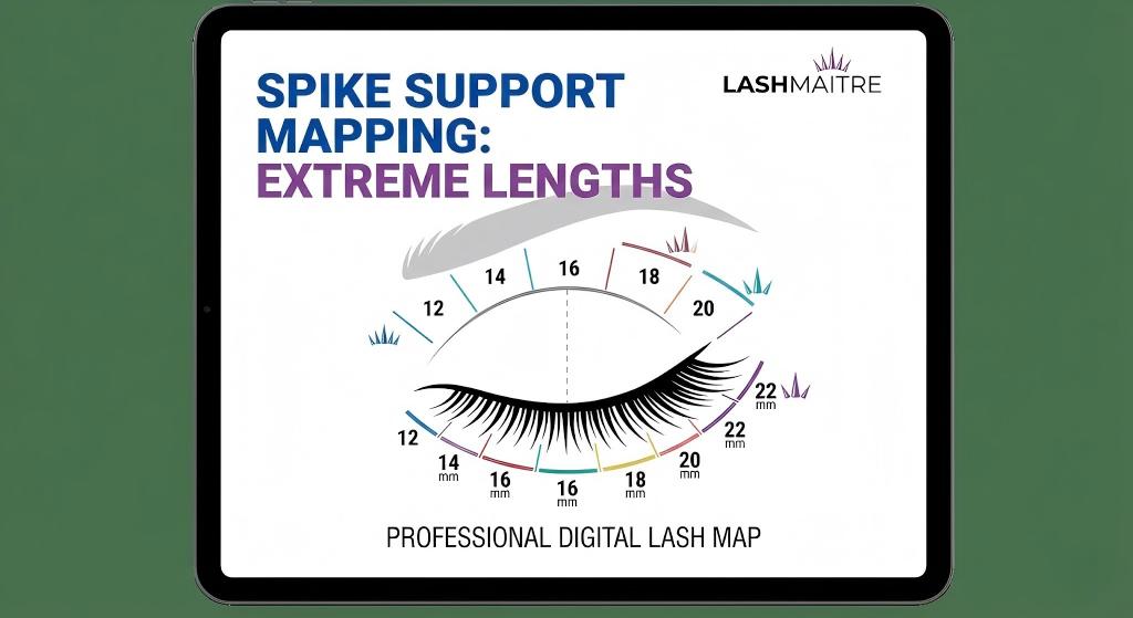 LASHMAITRE digital diagram displaying the "Spike Support" technique, serving as a comprehensive lash mapping guide for longest eyelash extensions up to 22mm.