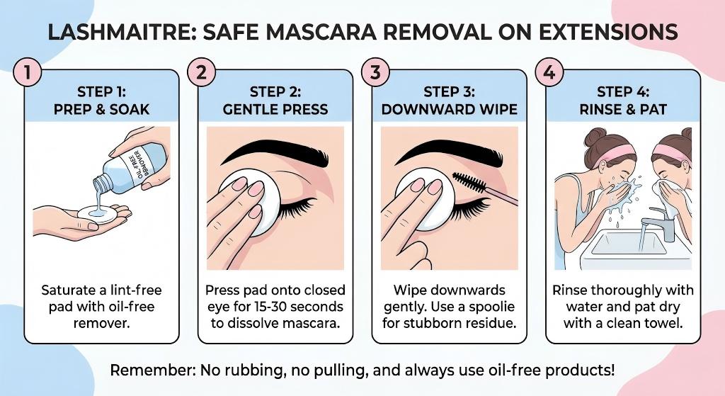 A 4-step LASHMAITRE infographic illustrating the correct removal process for wholesale lash safe mascara. The guide shows how to prep, press, wipe, and rinse without damaging eyelash extensions.