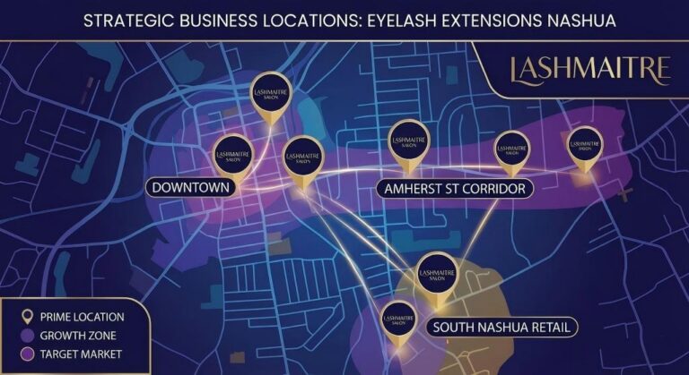 A strategic map displaying LASHMAITRE's prime eyelash extensions Nashua business locations, highlighting key service zones in Downtown, the Amherst St Corridor, and South Nashua Retail areas.