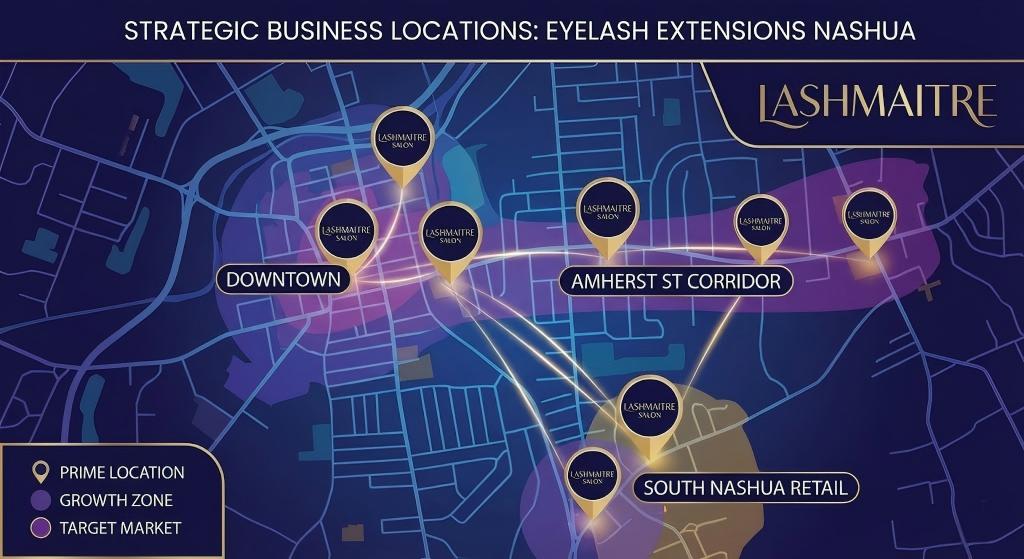 A strategic map displaying LASHMAITRE's prime eyelash extensions Nashua business locations, highlighting key service zones in Downtown, the Amherst St Corridor, and South Nashua Retail areas.