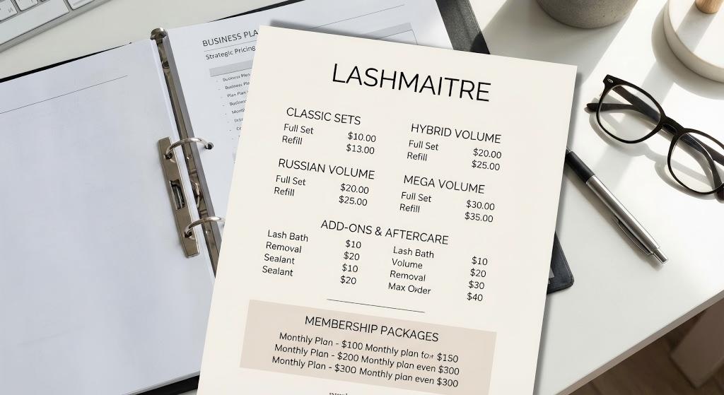 A strategic LASHMAITRE service pricing menu card, including tiered sets and memberships, resting beside a business plan binder. This structured price list is a fundamental input for creating an accurate lash salon financial projection.