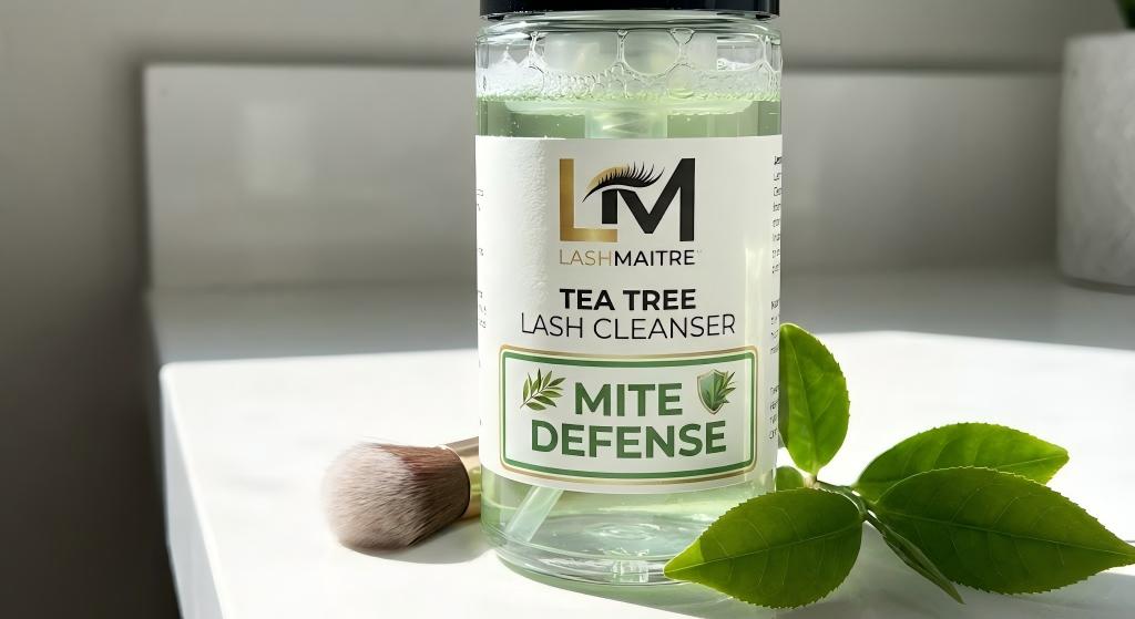 A bottle of LASHMAITRE Tea Tree Lash Cleanser labeled "Mite Defense," designed to combat lash mites on eyelash extensions. The bottle sits on a white counter next to a cleansing brush and fresh tea leaves.