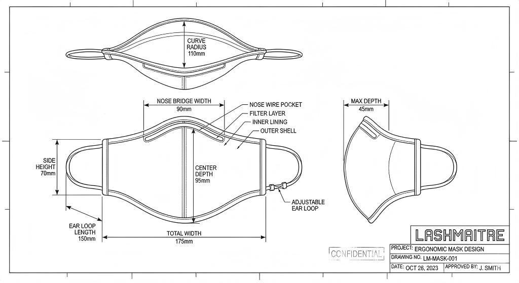 A technical engineering blueprint diagram detailing the precise dimensions and specifications of the LASHMAITRE ergonomic design, illustrating the structural engineering behind crucial 3D contoured sleep mask benefits for lash protection.