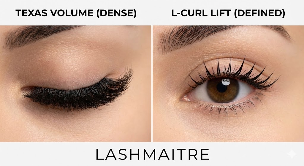 "Side-by-side comparison by LASHMAITRE showing the difference between dense 'Texas Volume' lashes and defined 'L-Curl Lift' styles, guiding clients to the best eyelash extensions garland tx has to offer."
