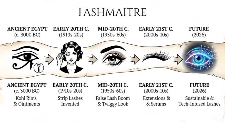 A LASHMAITRE timeline infographic illustrating the history eyelash extensions and eye beauty trends, progressing from Ancient Egyptian kohl rims (c. 3000 BC) through the 20th-century invention of strip lashes and the 60s boom, to modern extensions and serums, and predicting sustainable, tech-infused lashes in the future (2026).