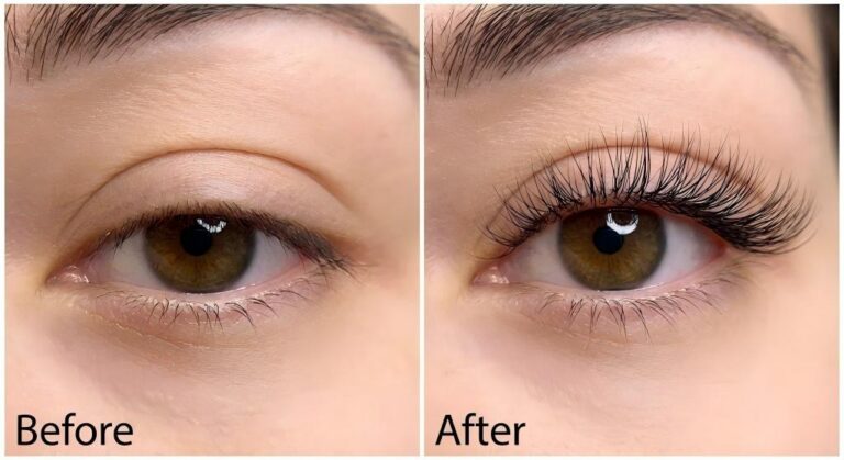 A high-resolution before and after transformation photograph showing a hooded eye on the left and the same eye on the right, dramatically opened up using LASHMAITRE wispy open eye eyelash extensions.