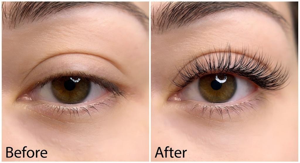 A high-resolution before and after transformation photograph showing a hooded eye on the left and the same eye on the right, dramatically opened up using LASHMAITRE wispy open eye eyelash extensions.