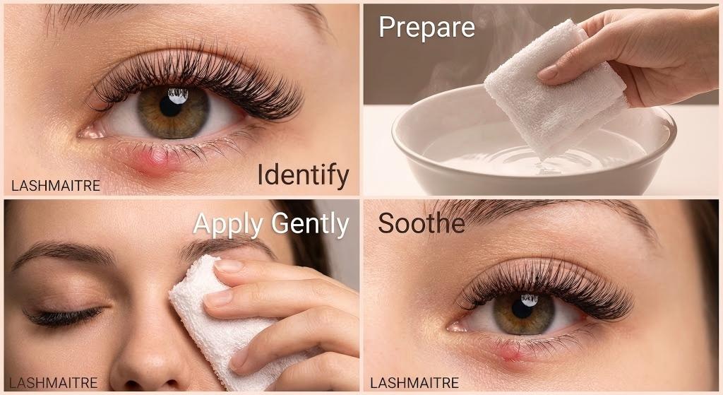 "Step-by-step LASHMAITRE visual guide for treating eyelash extensions and styes with a warm compress, illustrating the four phases: Identify the infection, Prepare warm water, Apply Gently to the eyelid, and Soothe the inflammation without damaging the lash adhesive."