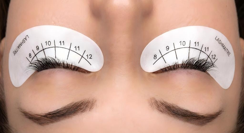 Close-up view of LASHMAITRE branded under-eye pads with lash mapping drawn on them, correctly applied to secure lower lashes and act as a crucial protective barrier for preventing chemical burns during lash extensions procedures.