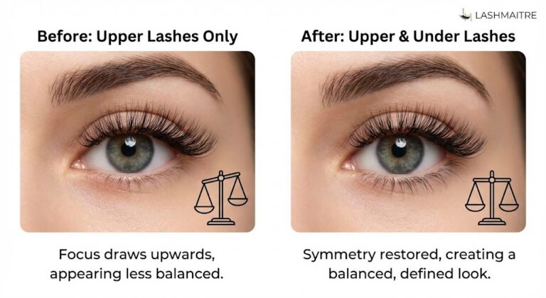 A LASHMAITRE before and after comparison infographic illustrating the visual impact of under eyelash extensions on eye balance. The left panel shows an eye with only upper extensions appearing unbalanced, while the right panel shows the same eye with both upper and under eyelash extensions, demonstrating restored symmetry and a defined look.