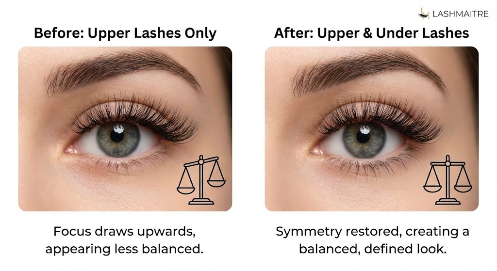 A LASHMAITRE before and after comparison infographic illustrating the visual impact of under eyelash extensions on eye balance. The left panel shows an eye with only upper extensions appearing unbalanced, while the right panel shows the same eye with both upper and under eyelash extensions, demonstrating restored symmetry and a defined look.