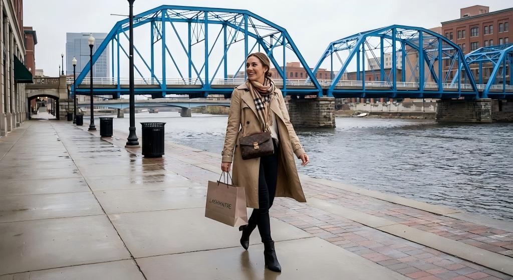 A stylish woman walking near the iconic Blue Bridge with a LASHMAITRE bag, showcasing the prime urban location for eyelash extensions Grand Rapids MI businesses offer to downtown professionals.