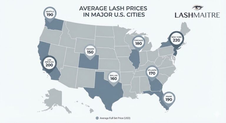 LASHMAITRE map of the USA displaying regional variations in the eyelash extensions price list, highlighting average full set costs in major cities like New York ($220), Los Angeles ($200), and Chicago ($180).