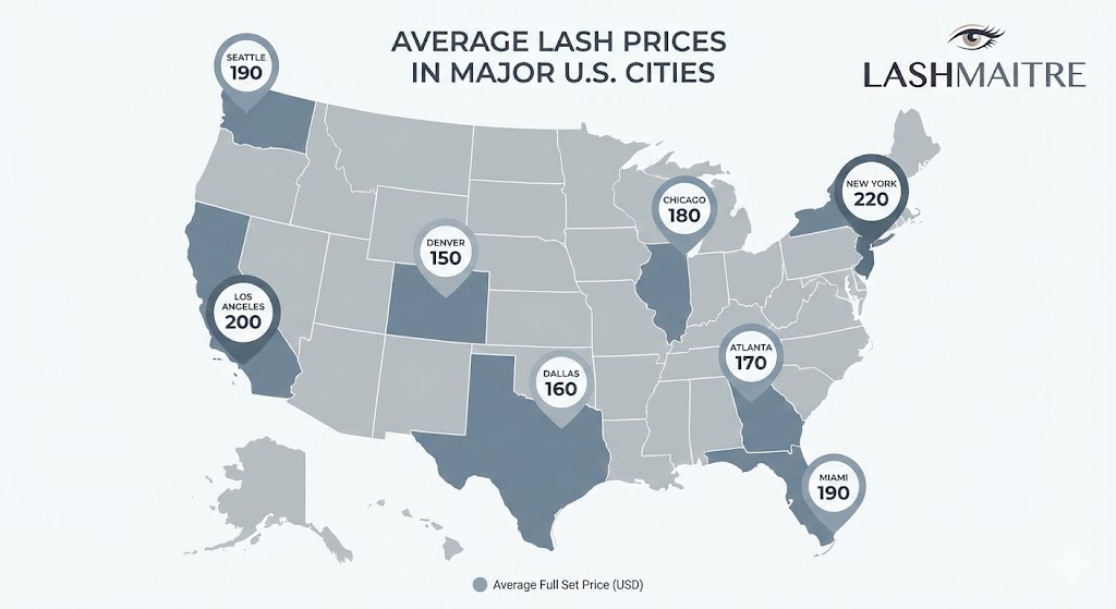 LASHMAITRE map of the USA displaying regional variations in the eyelash extensions price list, highlighting average full set costs in major cities like New York ($220), Los Angeles ($200), and Chicago ($180).