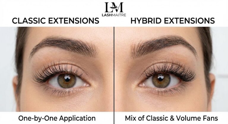 A LASHMAITRE visual comparison of hybrid vs classic eyelash extensions. The split-screen image shows one eye with "Classic Extensions" using a one-by-one application for a natural look, and the other eye with "Hybrid Extensions" using a mix of classic and volume fans for added texture and density.
