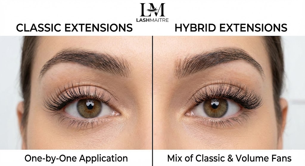 A LASHMAITRE visual comparison of hybrid vs classic eyelash extensions. The split-screen image shows one eye with "Classic Extensions" using a one-by-one application for a natural look, and the other eye with "Hybrid Extensions" using a mix of classic and volume fans for added texture and density.
