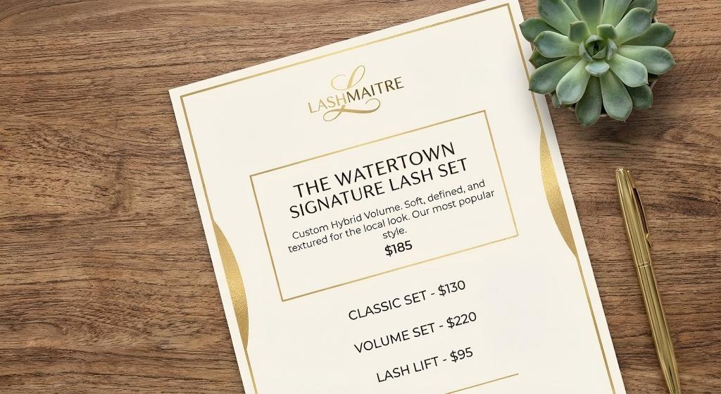 LASHMAITRE service menu featuring 'The Watertown Signature Lash Set' ($185). An example of service menu optimization for eyelash extensions Watertown, showcasing a custom Hybrid Volume style tailored to the local aesthetic.