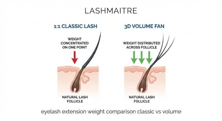 A LASHMAITRE technical diagram illustrating the weight distribution difference between a single 1:1 Classic lash and a 3D Volume fan on a natural follicle. The image demonstrates how classic hybrid volume eyelash extensions impact natural lash health differently based on weight concentration.