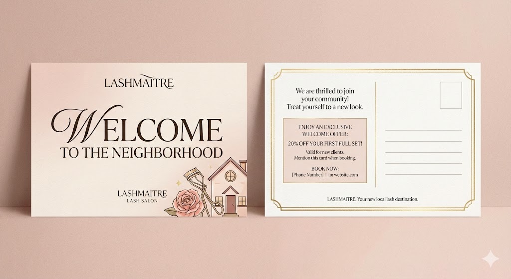 A LASHMAITRE "Welcome to the Neighborhood" postcard design aimed at marketing eyelash extensions Pooler GA to new residents, featuring a 20% off exclusive offer for first-time clients.