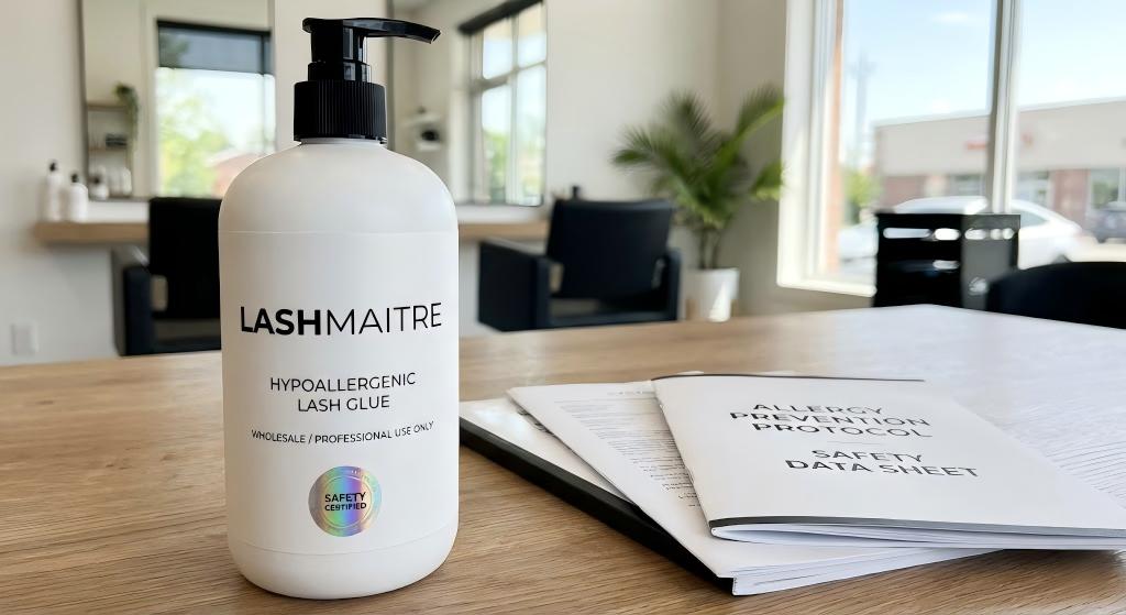 A professional laboratory setting featuring a bottle of LASHMAITRE adhesive beside a detailed "Sourcing Report" document with ISO certification stamps. The image highlights the brand's transparent and rigorous medical-grade lash adhesive sourcing process.