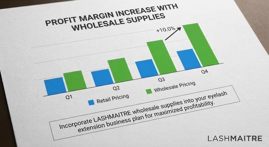 A graph document illustrating a 10% profit margin increase by Q4 when switching from retail to LASHMAITRE wholesale pricing. This chart serves as key data for a positive lash salon financial projection.