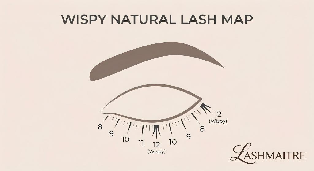 A LASHMAITRE digital lash map guide illustrating the specific length arrangement, ranging from 8mm to 12mm spikes, designed to achieve a wispy eyelash extensions natural look.