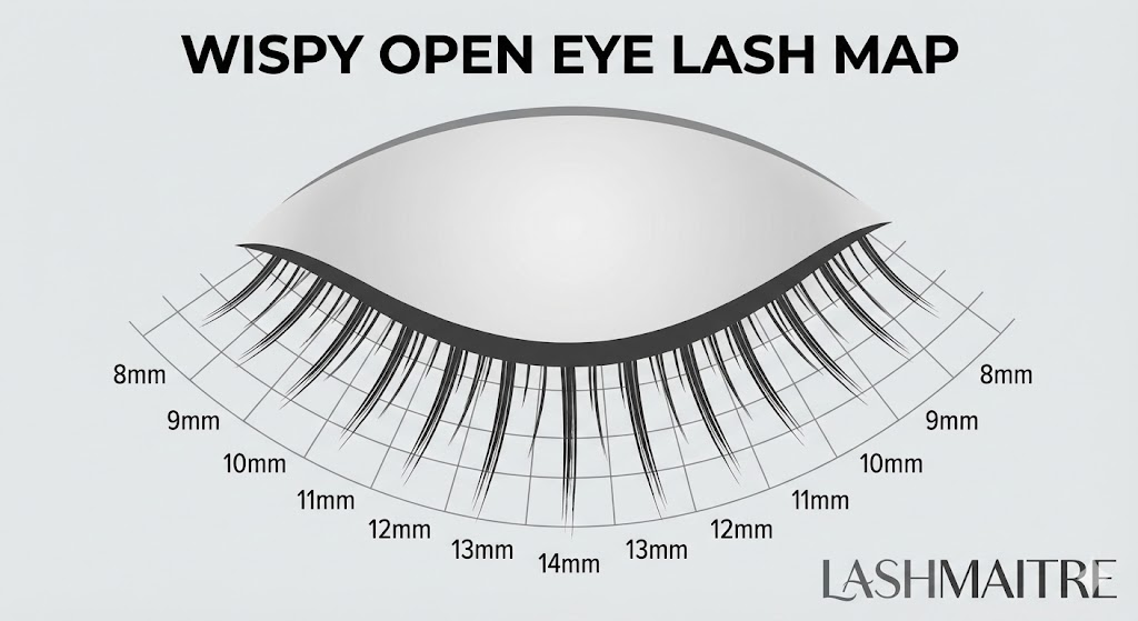 LASHMAITRE digital lash mapping guide illustrating the length arrangement for creating a wispy open eye eyelash extensions look, featuring lengths graduating from 8mm in the corners to 14mm in the center to open up the eye.