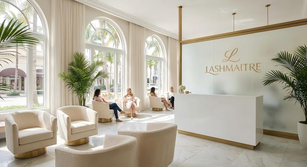 Interior of LASHMAITRE luxury salon for eyelash extensions West Palm Beach, located near the prestigious Worth Avenue. Features an elegant white and gold waiting lounge with views of the palm-lined street.