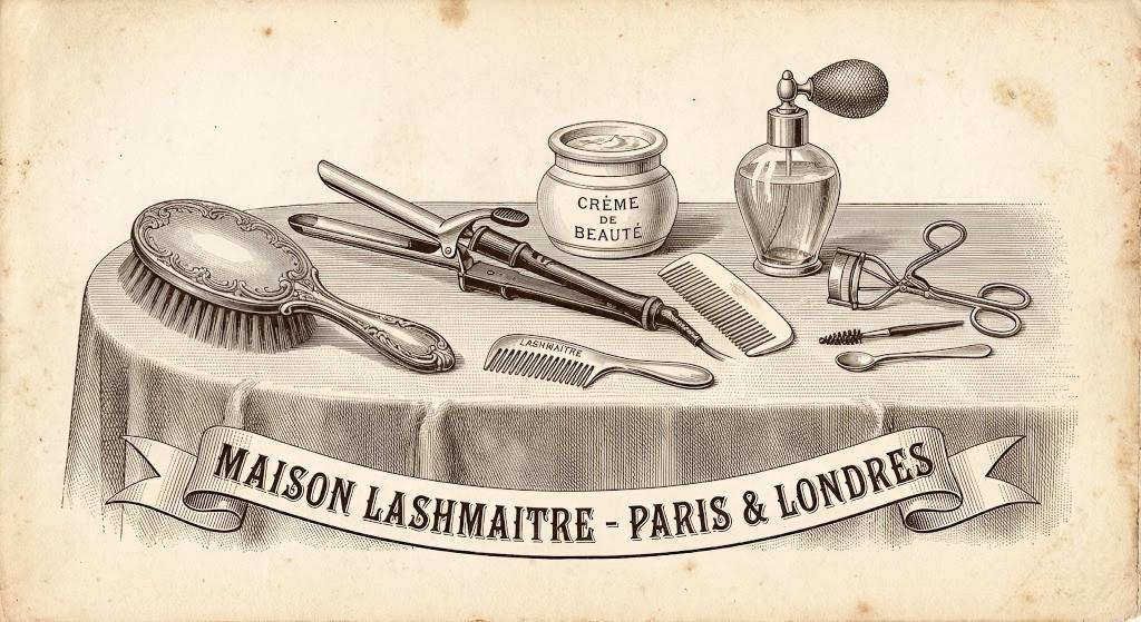 A vintage-style sepia illustration depicting antique beauty tools on a draped vanity, including early curling tongs, combs, and a primitive lash crimper. A banner at the bottom reads "MAISON LASHMAITRE - PARIS & LONDRES." The image evokes the early tools found in the history eyelash extensions and beauty enhancements.