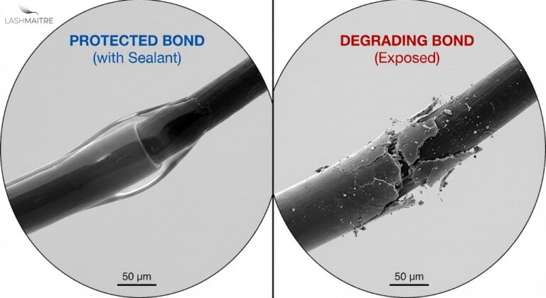 LASHMAITRE microscopic comparison demonstrating how eyelash sealant for extensions protects the adhesive bond. The left circle shows a smooth, intact bond coated with sealant, while the right circle shows a cracked, degrading adhesive bond exposed to elements without protection.