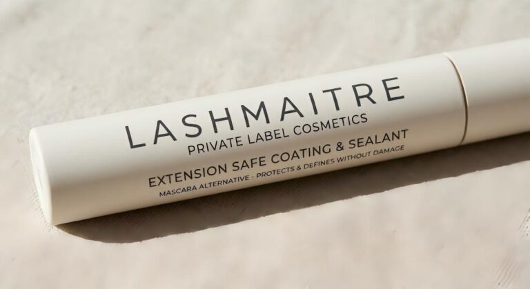 Minimalist text only private label cosmetics answering the can you wear mascara on eyelash extensions question