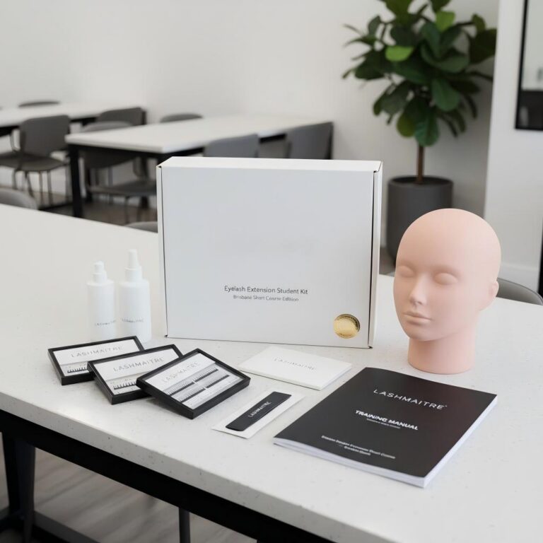 Minimalist text only private label student kit elevating the brand value of a brisbane eyelash extension short course