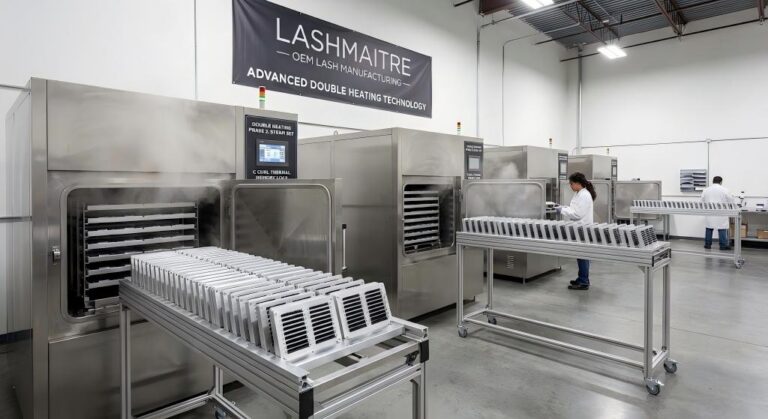 Double heating technology locking the thermal memory of c curl eyelash extensions in an OEM factory