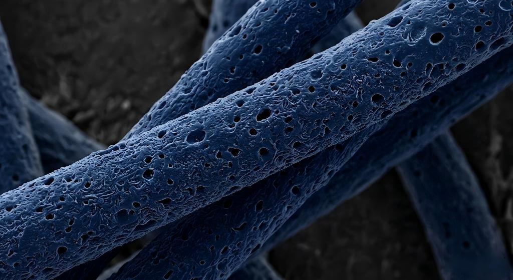 Microscopic surface porosity of premium OEM blue eyelash extensions ensuring optimal cyanoacrylate adhesion for B2B salons