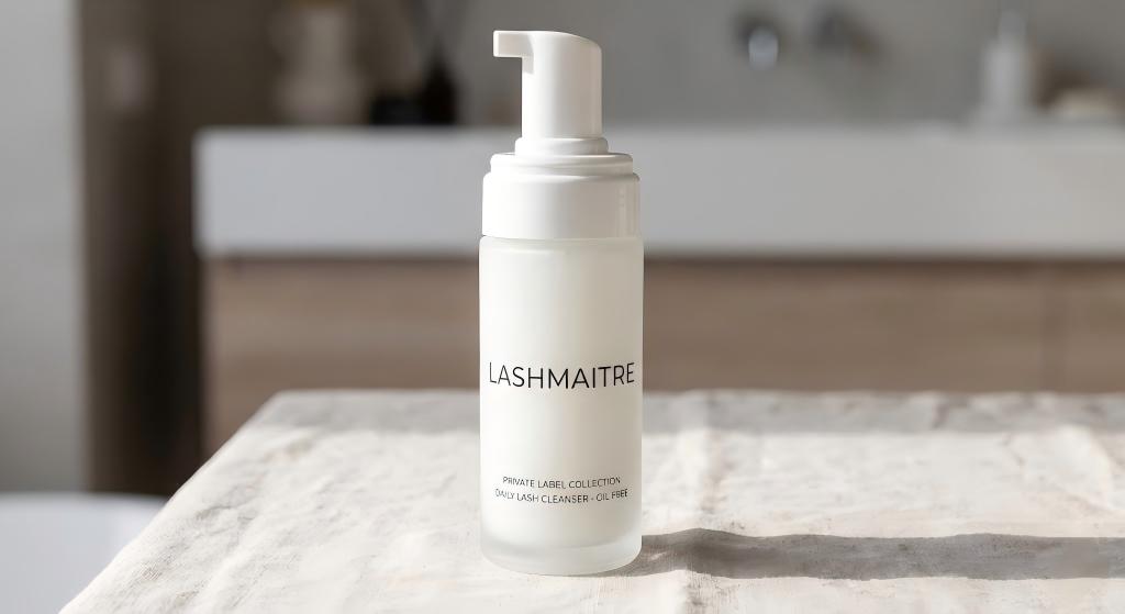Private label eye makeup remover for eyelash extensions featuring a minimalist text only logo