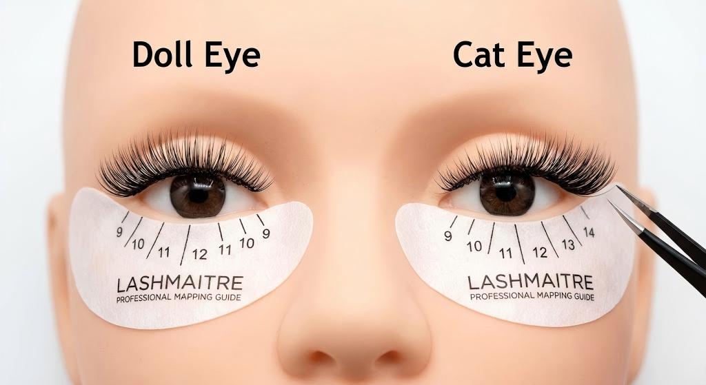 Professional lash mapping guide comparing doll eye vs cat eyelash extensions for salon owners