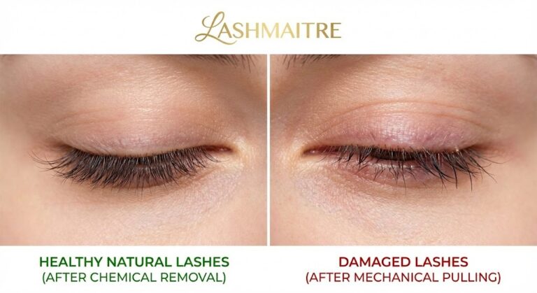 LASHMAITRE before-and-after comparison demonstrating the importance of using a professional eyelash extensions remover. Left side shows healthy natural lashes intact after safe chemical removal. Right side shows sparse, damaged, and broken natural lashes resulting from mechanical pulling or DIY removal.