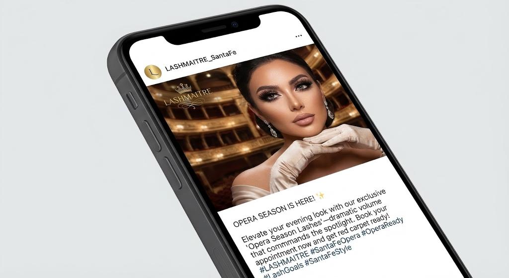 Mockup of a LASHMAITRE Santa Fe Instagram post marketing "Opera Season Lashes." The post features a glamorous model and promotes dramatic eyelash extensions specifically styled for local events like the Santa Fe Opera.