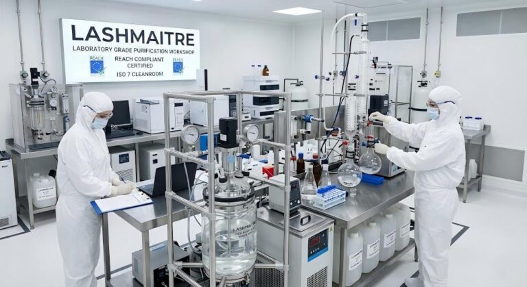 Precision measurement of the diameter of LASHMAITRE 0.03mm ultra-fine PBT eyelash fiber under a scanning electron microscope.