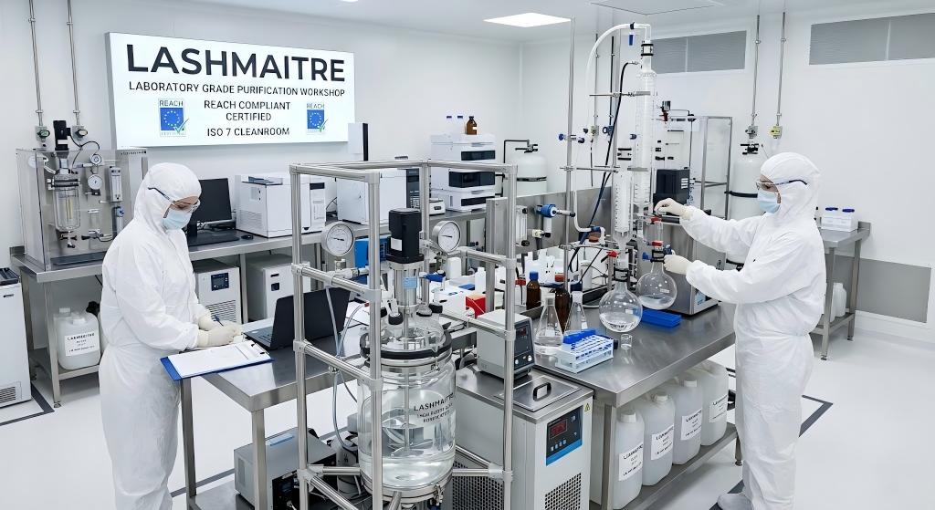 Precision measurement of the diameter of LASHMAITRE 0.03mm ultra-fine PBT eyelash fiber under a scanning electron microscope.