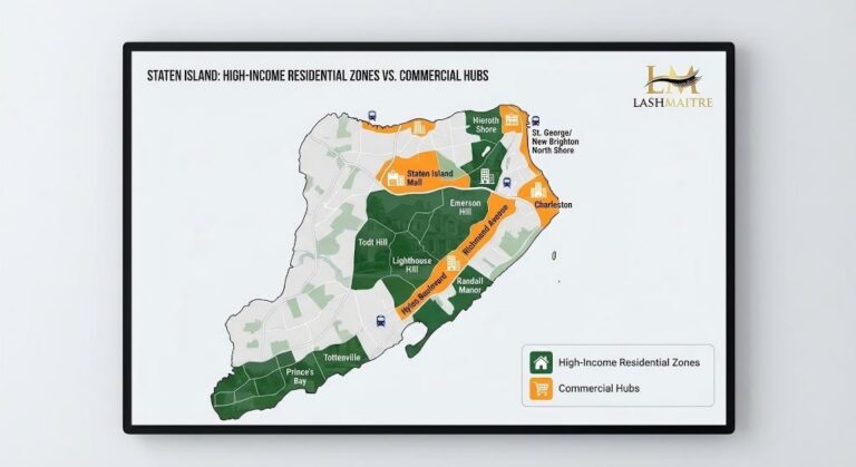 LASHMAITRE strategic location map for eyelash extensions Staten Island New York businesses. The infographic highlights high-income residential zones like Todt Hill and Emerson Hill in green, and commercial hubs like Richmond Avenue and the Staten Island Mall in orange, illustrating target markets.