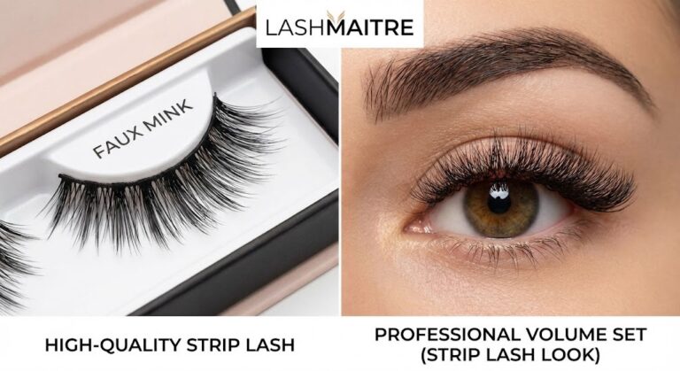 LASHMAITRE side-by-side comparison showing the visual effect of a 'High-Quality Faux Mink Strip Lash' in packaging (left) versus a 'Professional Volume Set' of eyelash extensions styled to mimic the dense strip lash look on a model's eye (right).