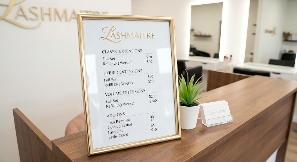 A gold-framed LASHMAITRE salon menu sitting on a wooden reception desk, displaying the clear menu structure for an eyelash extensions price list. Categories include Classic, Hybrid, and Volume Full Sets and Refills (2-3 Weeks), along with an Add-ons section for removal and colored lashes. LASHMAITRE business cards are next to it.