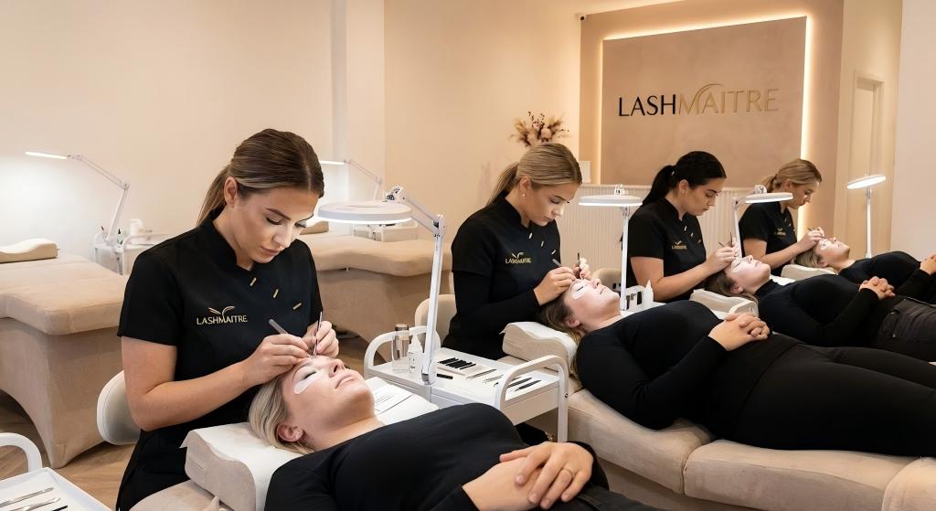 LASHMAITRE professional team of certified stylists in uniform offering eyelash extensions Watertown. Shows multiple artists performing lash services simultaneously in a clean, high-end salon environment.