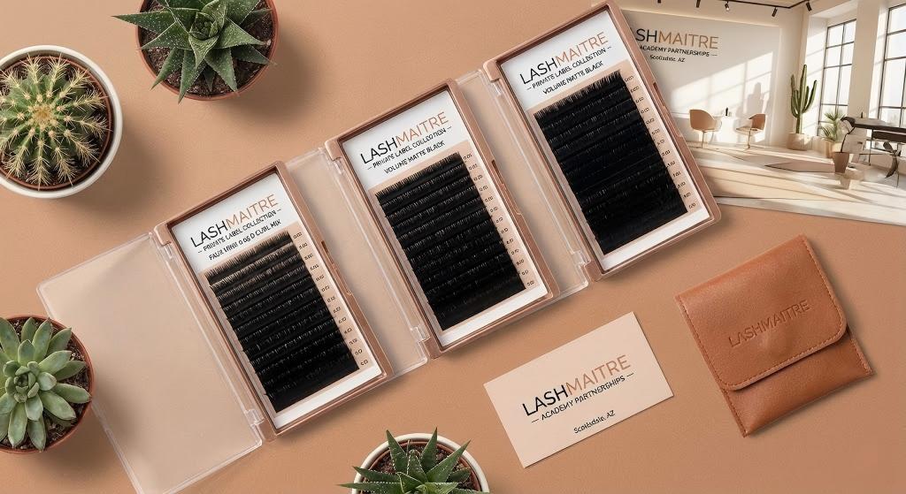 Premium LASHMAITRE matte black lash trays and custom private label academy kits for elite volume lash training Arizona certification programs.