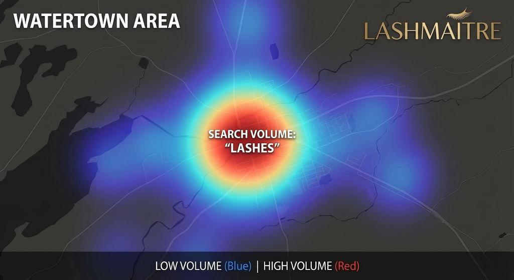 LASHMAITRE heat map visualization showing high concentration of search volume for "Lashes" and "eyelash extensions" in the center of the Watertown area. The red zone indicates peak local market demand.