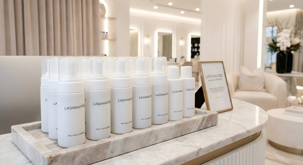 Wholesale eye makeup remover for eyelash extensions displayed in a luxury salon retail area, featuring LASHMAITRE branded foaming cleanser bottles.