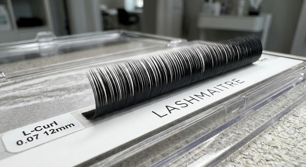 A close-up view of a LASHMAITRE professional tray containing wholesale L-Curl lashes in 0.07mm diameter and 12mm length. These lashes are ideal for creating a lifted effect in cat eye eyelashes extensions.