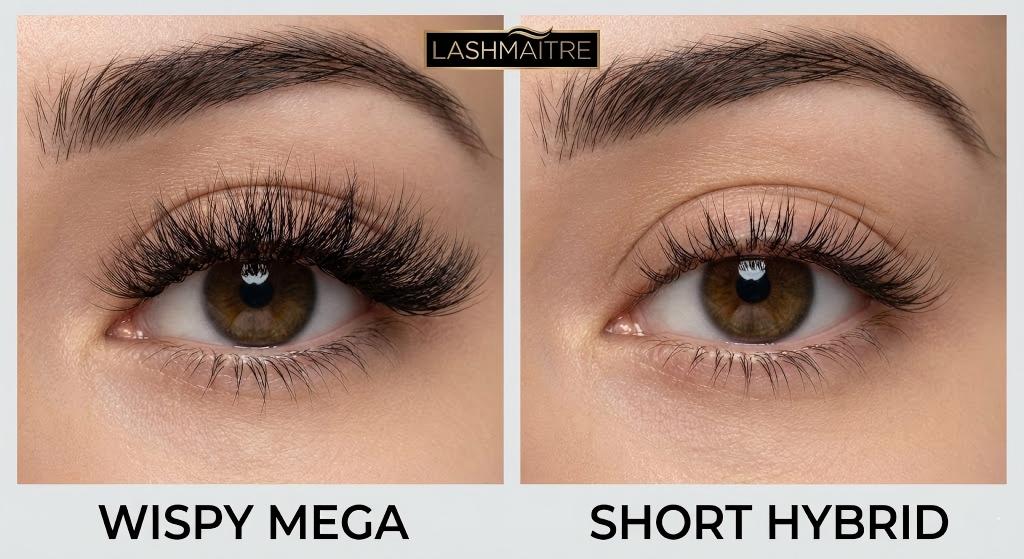 LASHMAITRE before-and-after style comparison showing the difference between 'Wispy Mega' (left, textured volume) and 'Short Hybrid' (right, natural definition), illustrating popular styles for eyelash extensions Tempe clients.