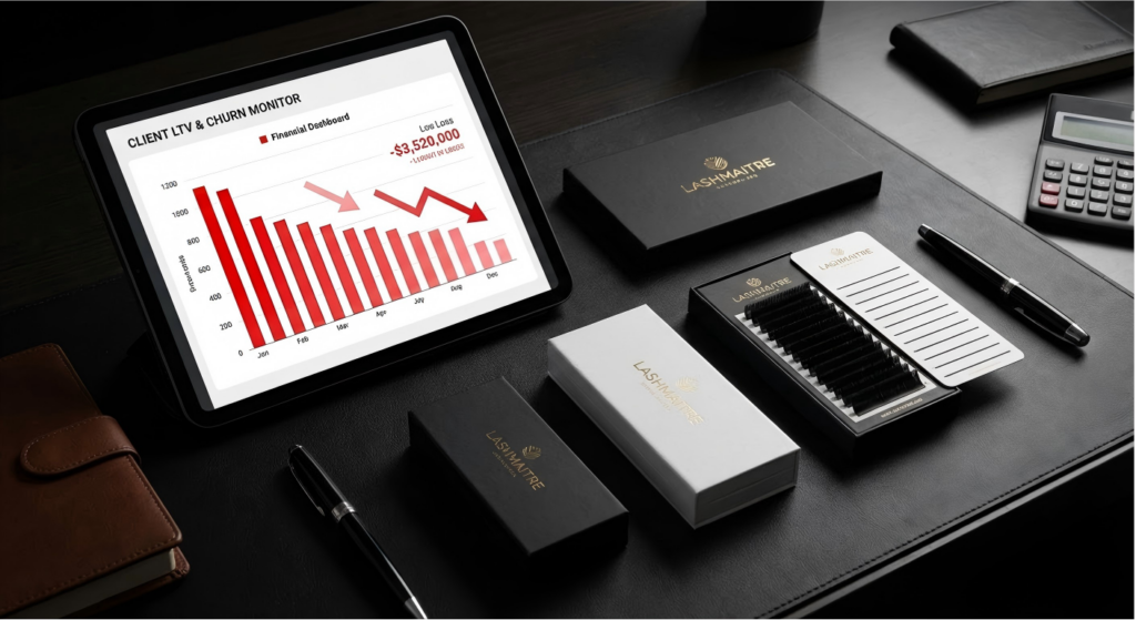 B2B financial dashboard calculating lifetime value churn in good eyelash extensions vs bad, shown on a tablet next to premium LASHMAITRE products.